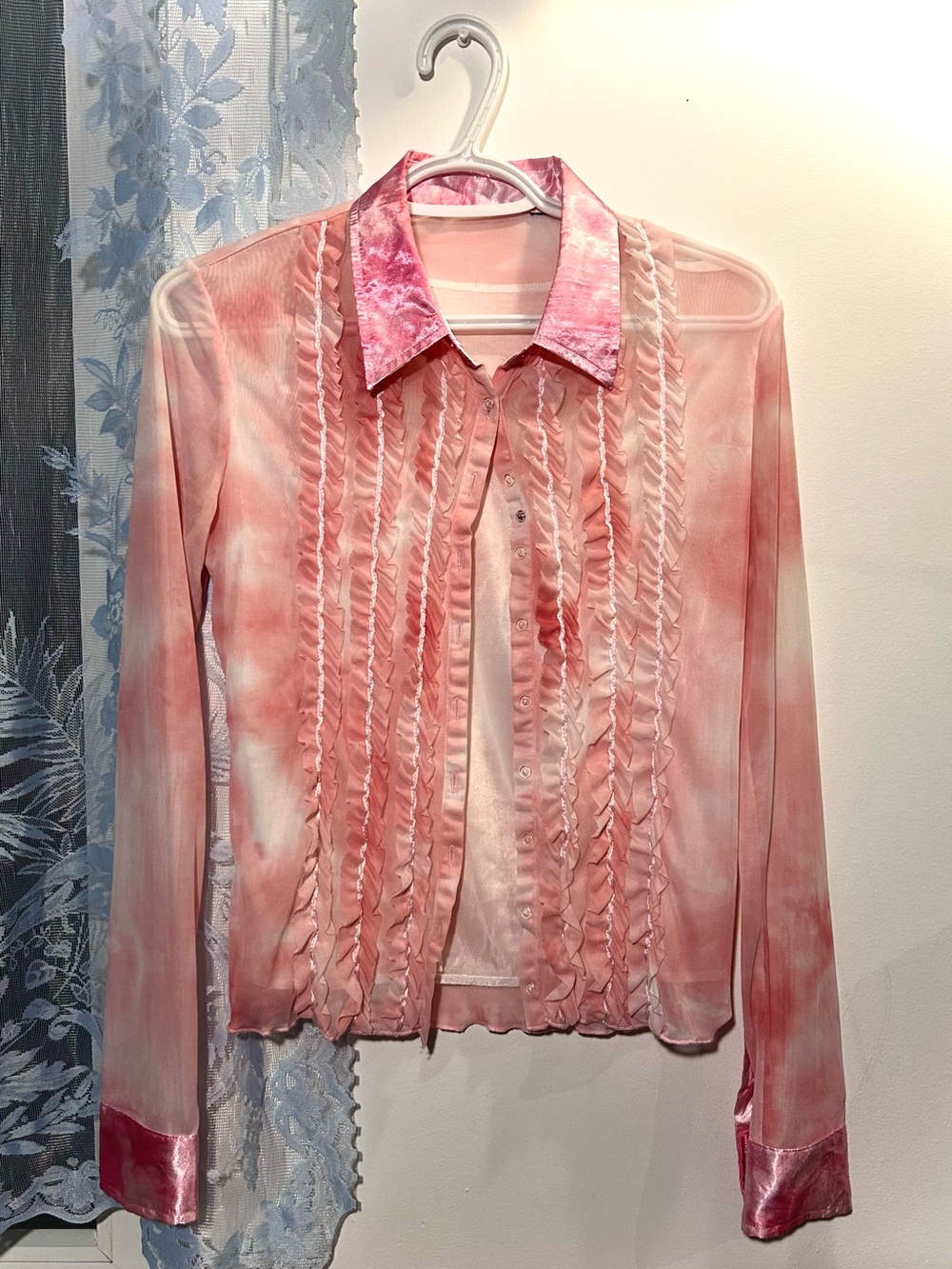 Ruffled Pink Mesh Button-Up with Satin Collar and Cuffs - Picture 2 of 4